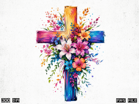 Floral Watercolor Cross Christian PNG T-Shirt Designs
