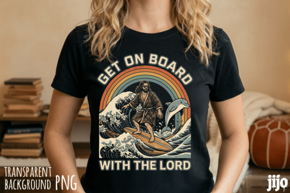 Jesus Surfing Dolphin Rainbow PNG T-Shirt Designs
