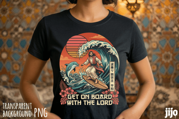 Jesus Surfing Dolphin Sunset PNG — T-Shirt Designs